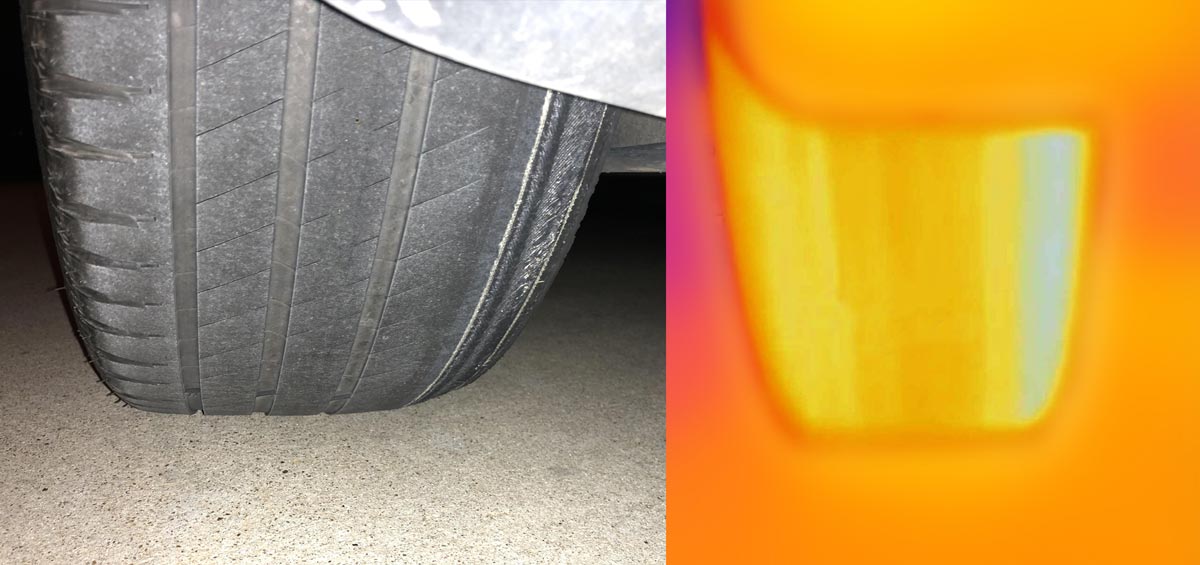Thermal Image of Tesla Tire That's White Hot on the Inside Edge from improper alignment