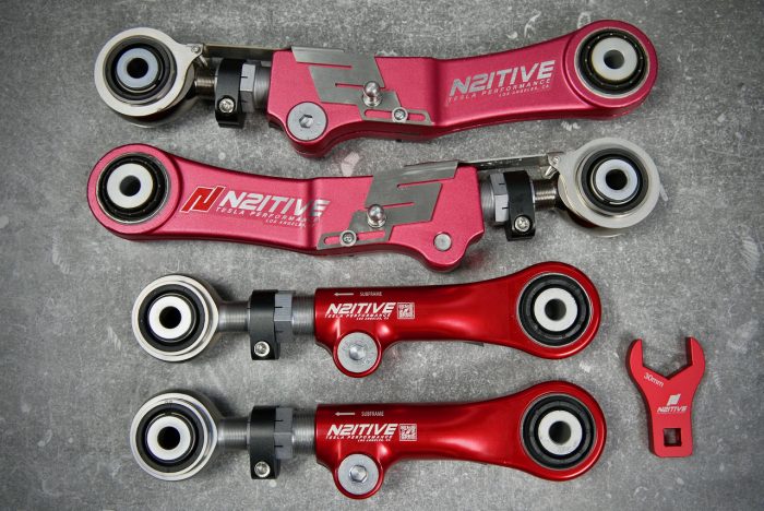 N2ITIVE PRE-2020 Series Alignment Kit 2 is designed to eliminate uneven rear tire wear on 2012-2020 Tesla Model S and Tesla Model X vehicles. The Kit includes one pair of Rear Adjustable Camber Arms and one pair of Rear Adjustable Toe Arms which allow for a perfect alignment with precise Camber and Toe adjustment. These arms can decrease inner rear tire wear common on Tesla vehicles.